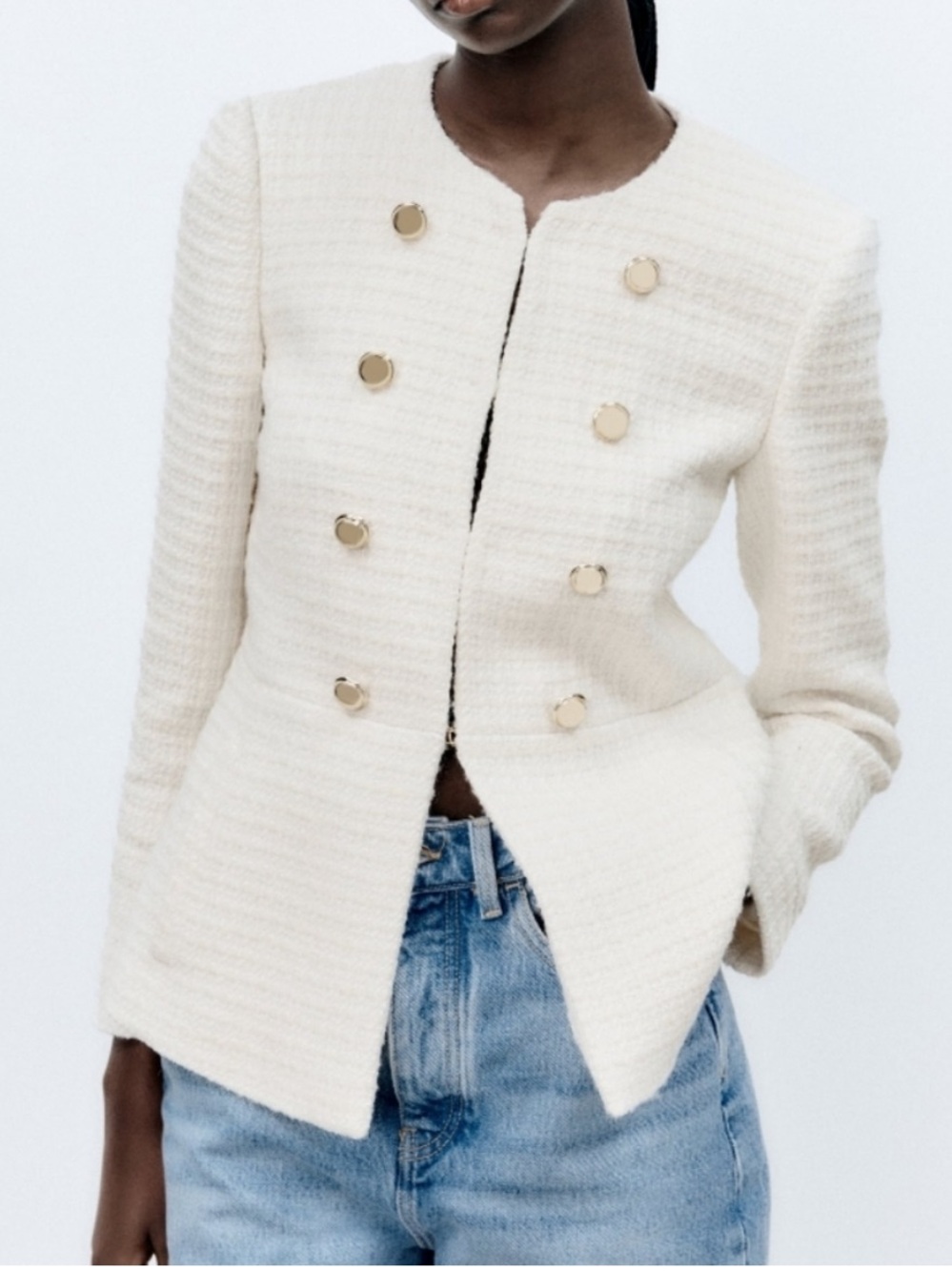 Zara Tweed Textured Gold Button Blazer Jacket